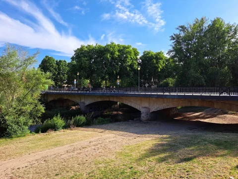 Panorámica del Puente de Castilla en Burgos rodeado de césped y arbolada ribera