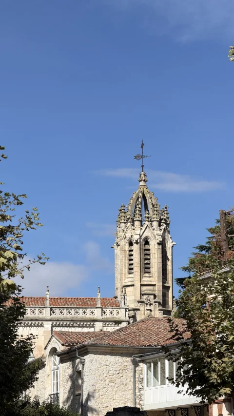 Campanario calado de estilo neogótico de la Iglesia de las Salesas emergiendo tras los árboles
