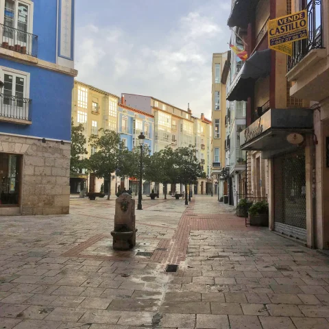 Calle Laín Calvo de Burgos, con la fuente de piedra en primer plano y el ensanche arbolado al fondo