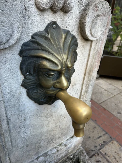 Mascarón de bronce de la Fuente de Laín Calvo de Burgos, con el caño saliendo de la boca