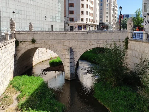 Puente de las Viudas de Burgos visto desde el cauce, con sus dos arcos y el tajamar