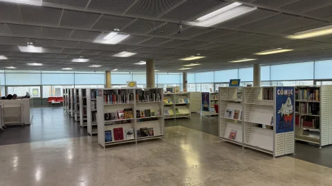 Sala de la Biblioteca Pública de Burgos con las estanterías de novedades y la sección de cómic