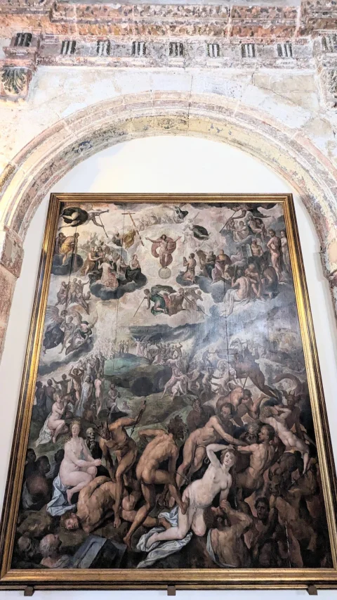 Lienzo del Juicio Final bajo restos de pintura mural en los salones del Monasterio de San Juan de Burgos