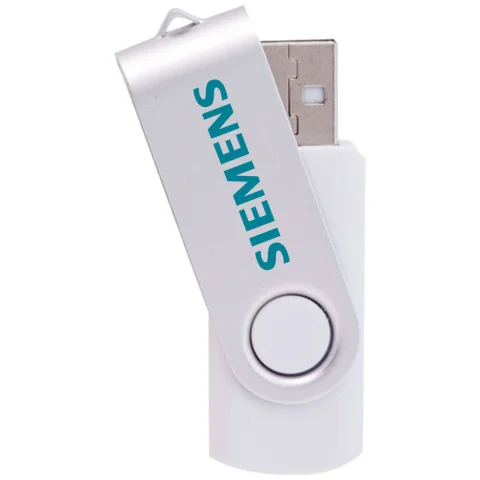 Memoria USB pendrive giratoria blanca y metálica personalizada con el logotipo azul de Siemens